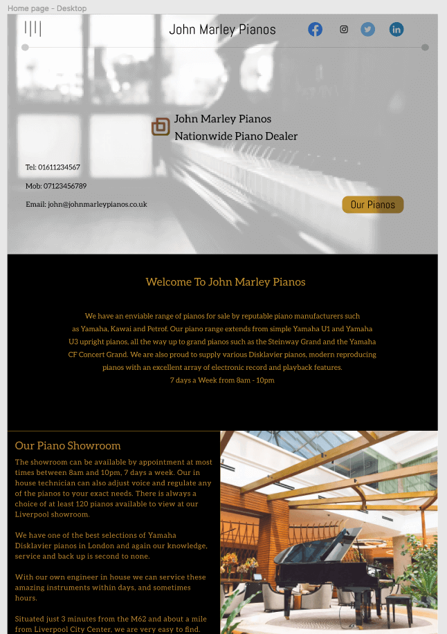 Screenshot of Figma high-fidelity mockup of John Marley Pianos home page 1