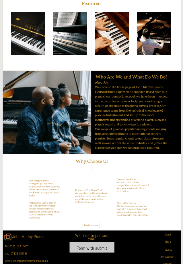 Screenshot of Figma high-fidelity mockup of John Marley Pianos home page 2