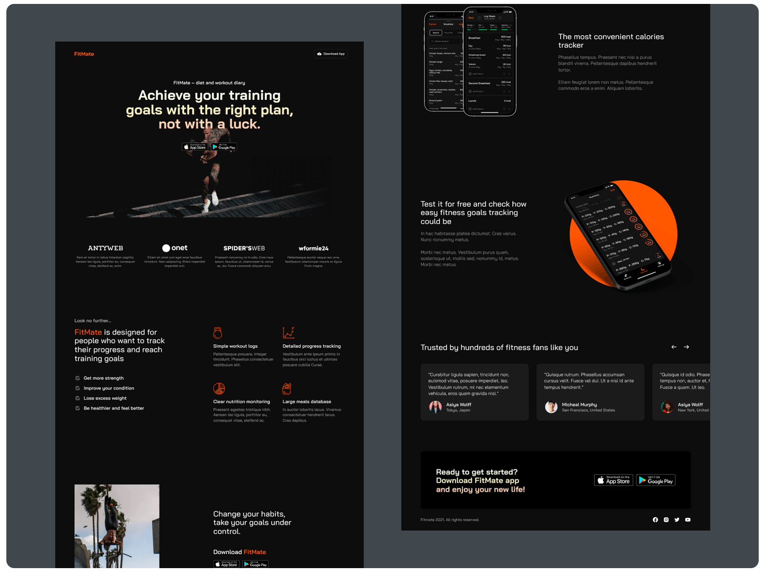 screenshot of design of an athlete website on dribbble.com